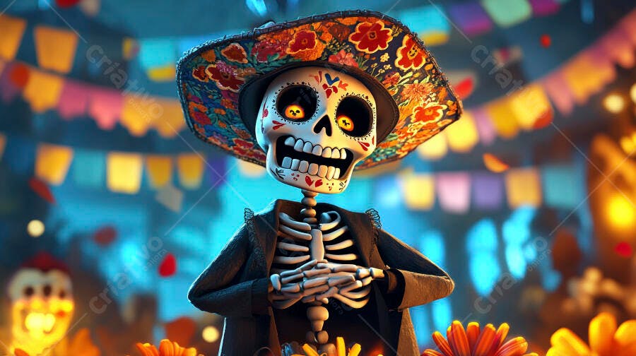 Calavera mexicana com sombrero floral colorido para o Dia de los Muertos