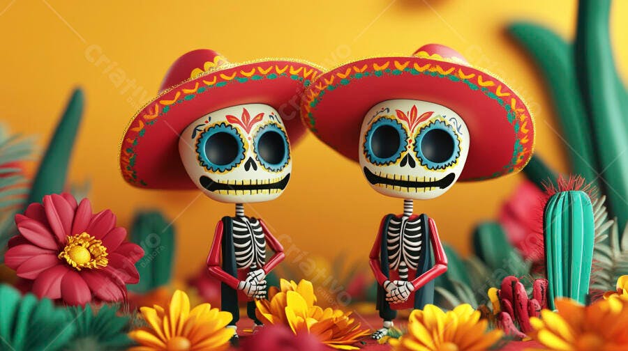 Duas Calaveras com sombreros para o Dia de los Muertos entre cactos e flores coloridas