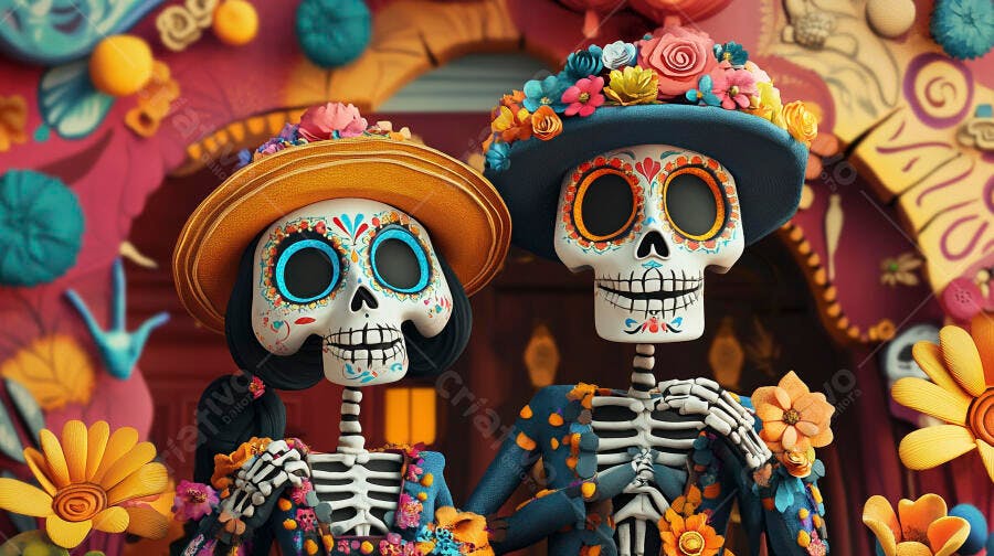 Esqueletos mexicanos Catrinas festivos em celebração do Dia dos Mortos