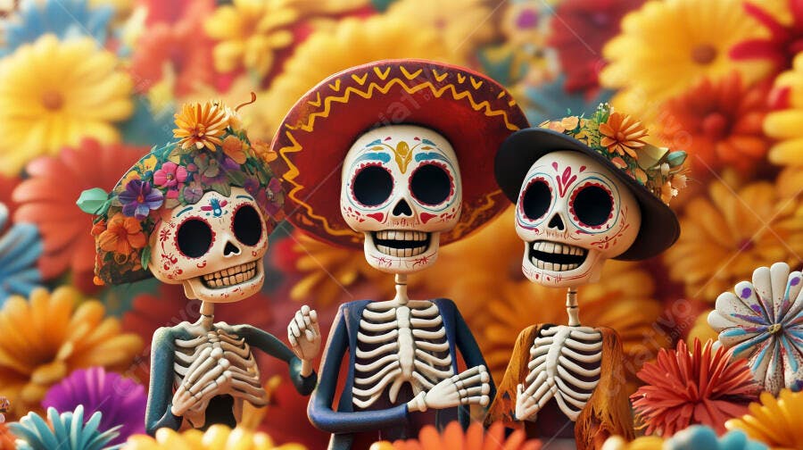 Três calaveras festivas celebrando o Dia dos Mortos com flores e chapéus coloridos