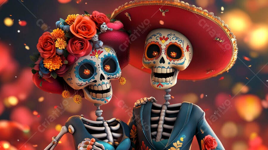 Casal de esqueletos calavera mexicanos com flores e sombrero alegremente
