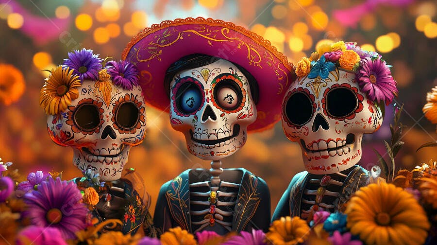 Calaveras mexicanas coloridas com flores e sombrero no Dia de Muertos
