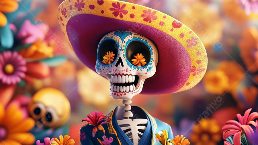 Caveira mexicana colorida com sombrero e flores tema Dia dos Mortos