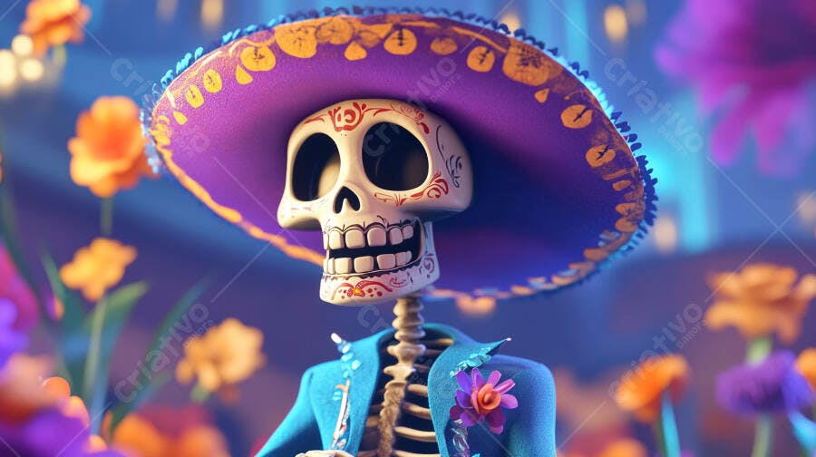 Esqueleto com sombrero roxo e jaqueta azul na celebração do Dia dos Mortos