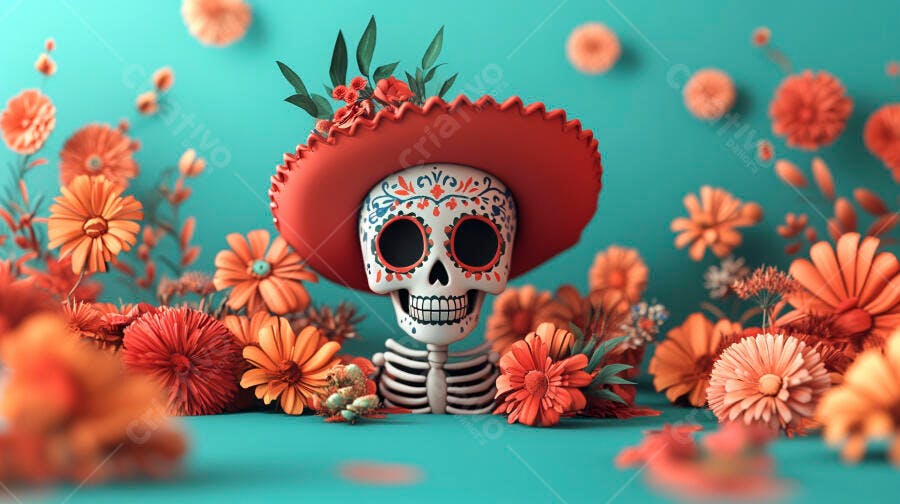 Calavera mexicana com chapéu vermelho e flores vibrantes em fundo turquesa Dia de los Muertos