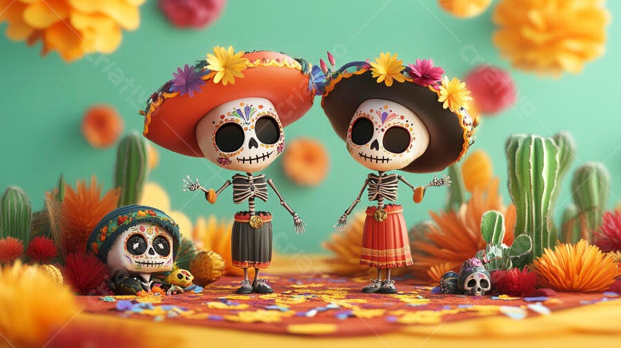 Calaveras de açúcar coloridas com sombreros em cenário festivo Dia dos Mortos