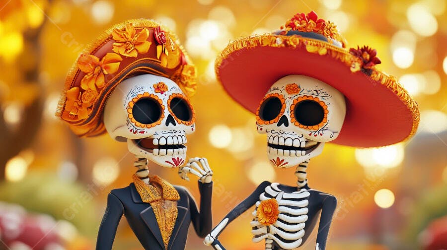 Calaveras Catrinas festivas coloridas com chapéus tradicionais Dia de Muertos