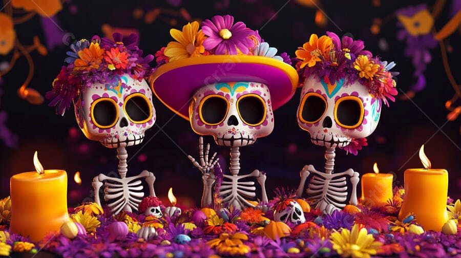 Caveiras decoradas com flores e velas celebrando o Dia de Muertos