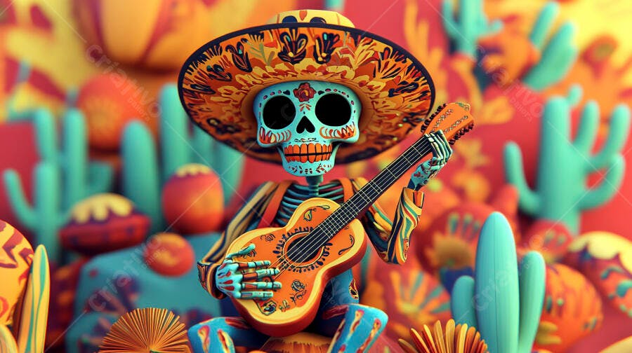 Esqueleto Calaca colorido tocando violão com sombreiro em cenário festivo de cactos