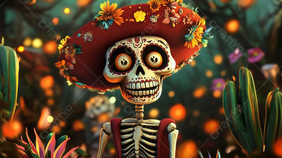 Esqueleto mexicano festivo com chapéu florido vibrante e cactos iluminados