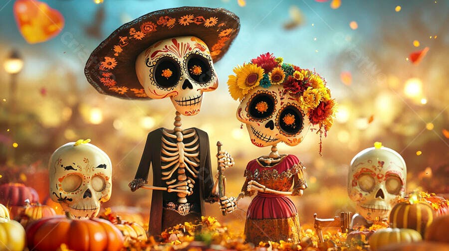 Casal de esqueletos Catrinas celebrando Dia dos Mortos com flores e abóboras