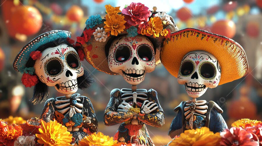 Três esqueletos calavera coloridos celebrando Dia dos Mortos com flores