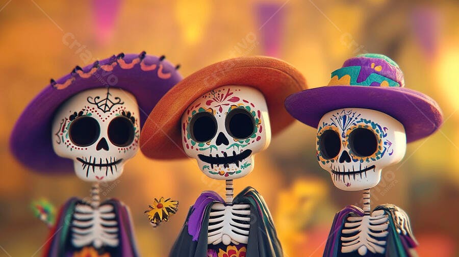 Três esqueletos Catrina coloridos com chapéus roxos e laranja Dia de los Muertos