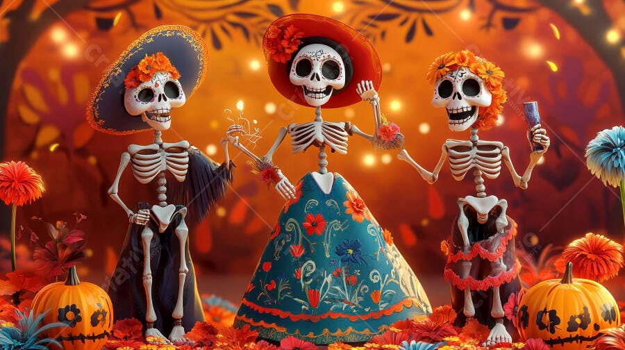 Três Catrinas coloridas com chapéus em festa Dia de los Muertos mexicana