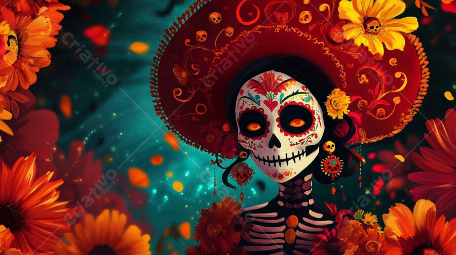 Calavera Catrina majestosa com sombrero vermelho e maquiagem facial floral