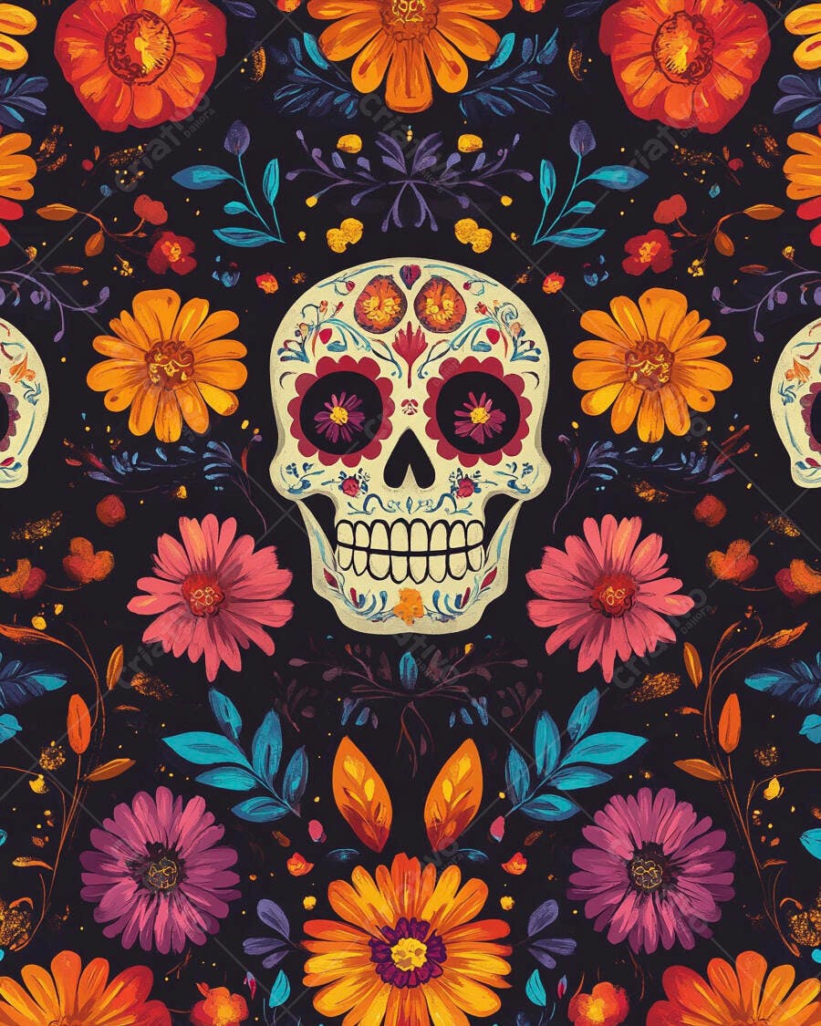 Padrão floral caveiras mexicanas coloridas Dia dos Mortos fundo escuro