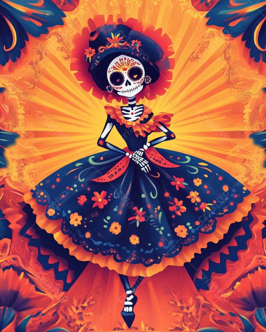 Calavera Catrina em vestido azul floral e chapéu vermelho vibrante para o Dia dos Mortos