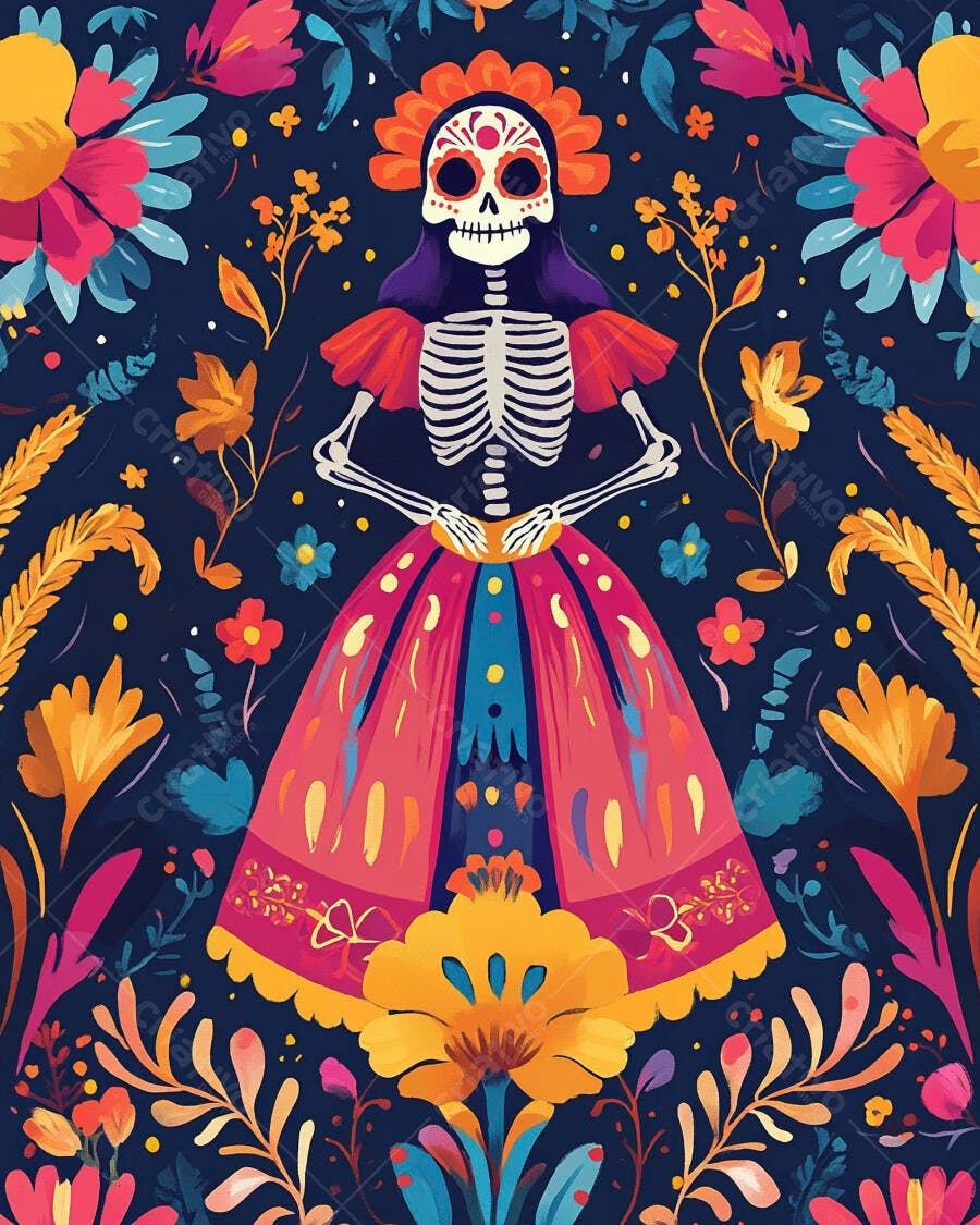 Caveira Catrina festiva com vestido floral Dia dos Mortos