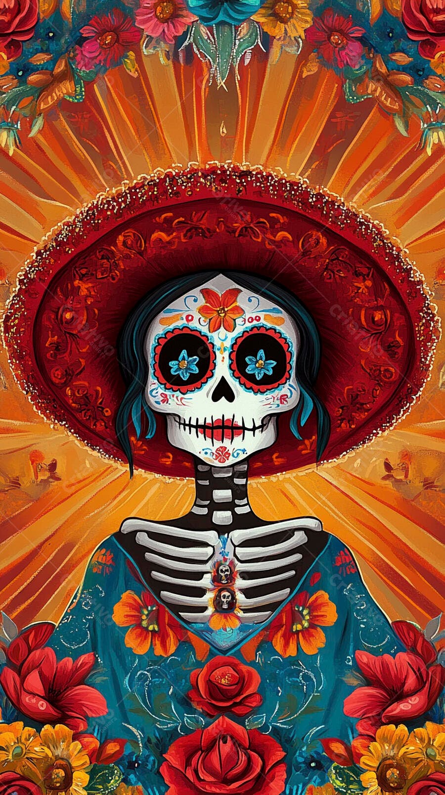 La Catrina calavera vibrante com maquiagem floral e chapéu grande vermelho
