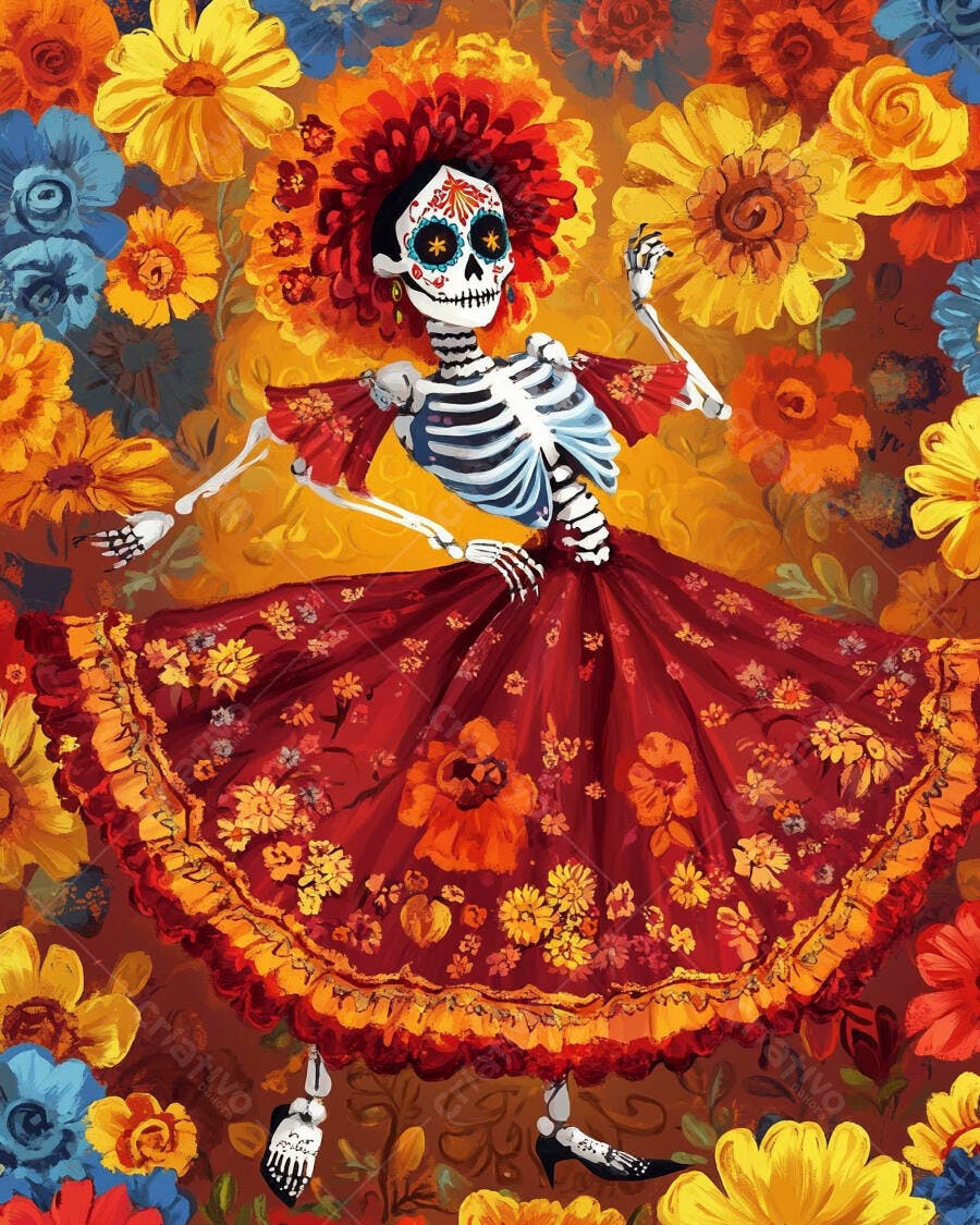 Esqueleto dançarina Catrina com vestido vermelho em fundo floral vibrante Dia dos Mortos