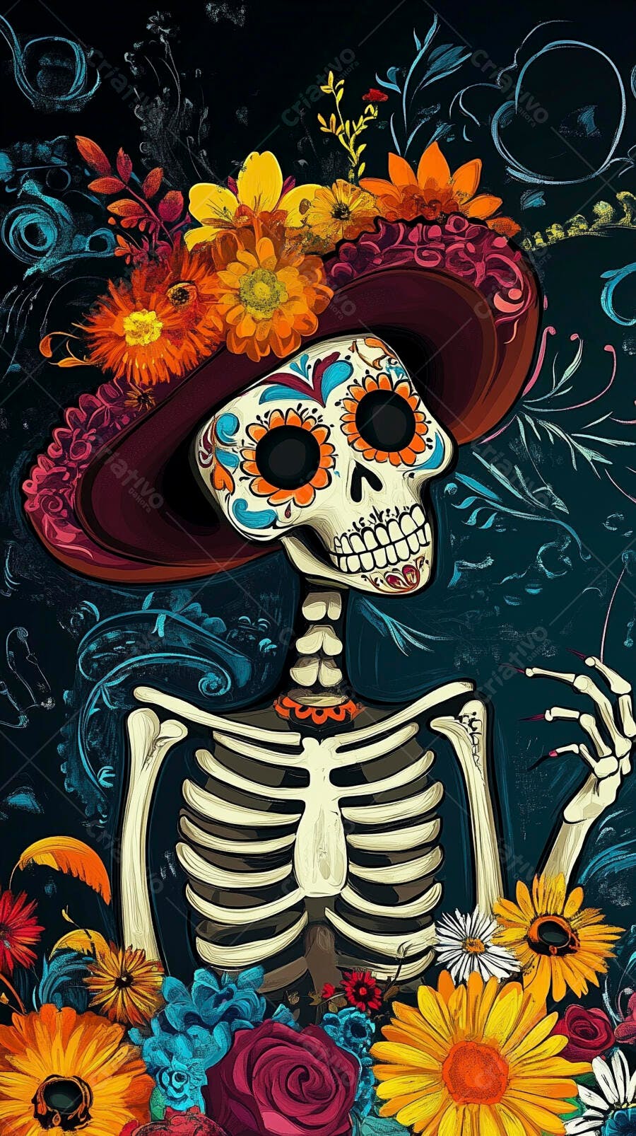 Calavera mexicana colorida com chapéu floral para Dia dos Mortos