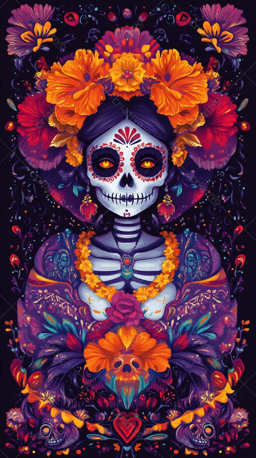 Calavera Catrina roxa laranja amarela com flores vibrantes e olhos brilhantes Dia de Muertos