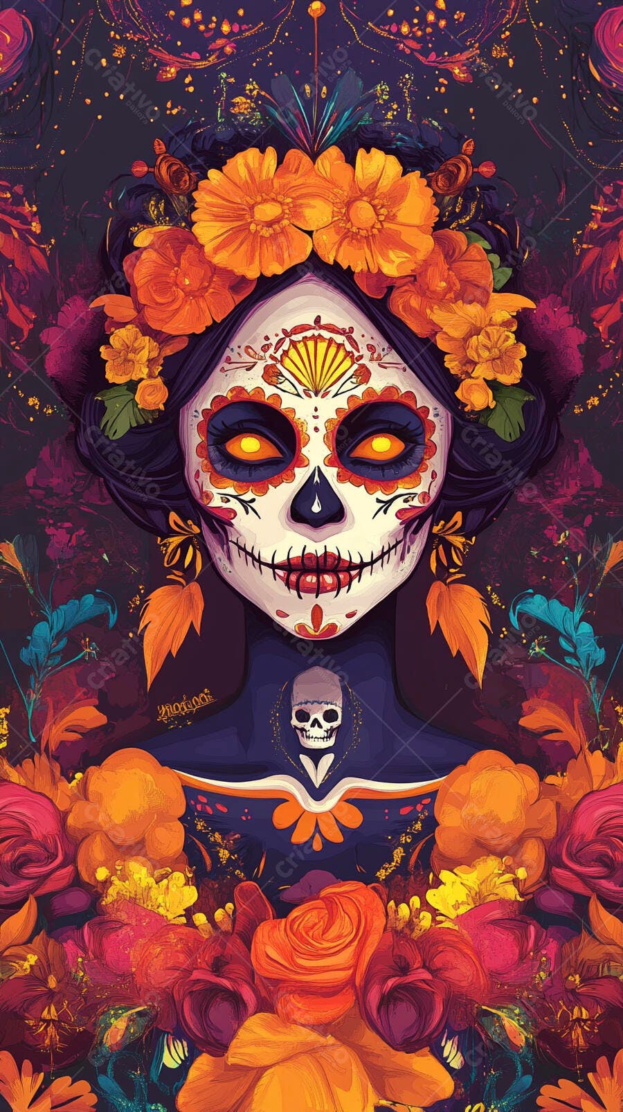 Catrina mulher mexicana com maquiagem floral vibrante e olhos brilhantes