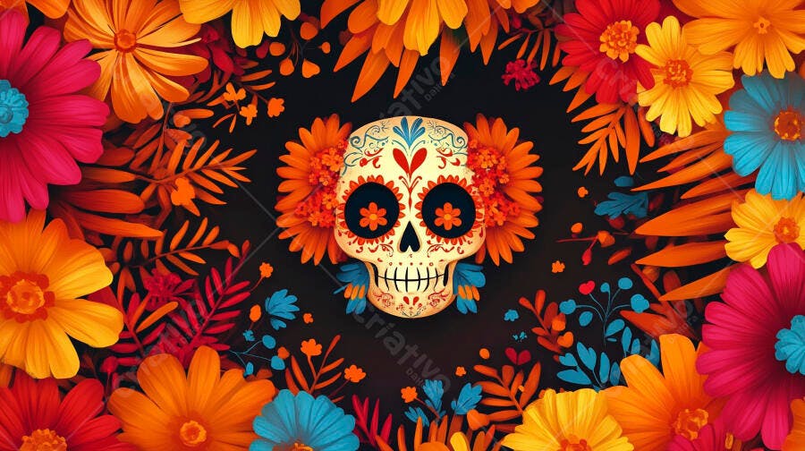 Calavera de açúcar colorida com flores vibrantes para o Dia de los Muertos em fundo escuro