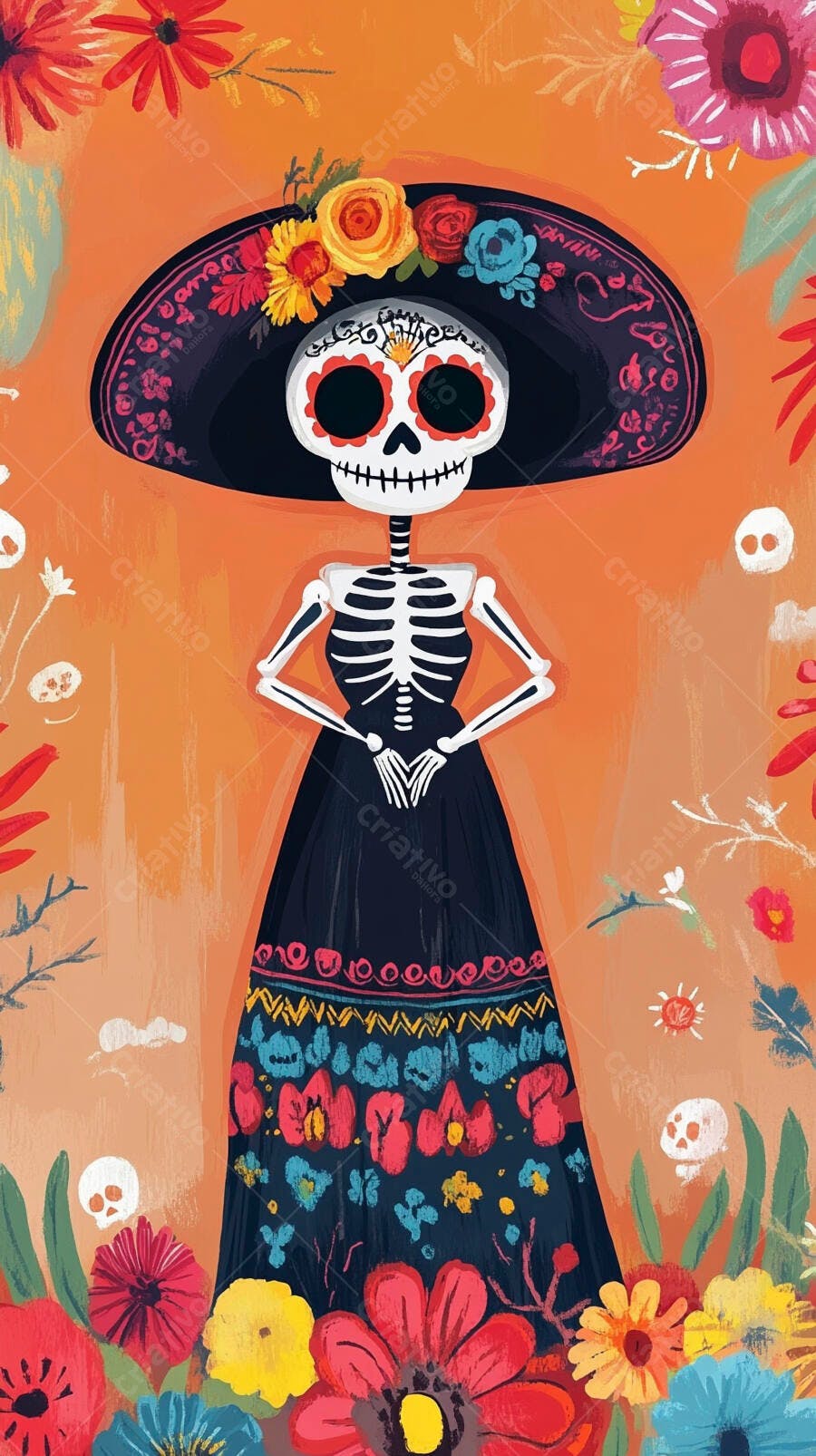 Catrina esqueleto mexicana com sombrero de flores dia dos mortos