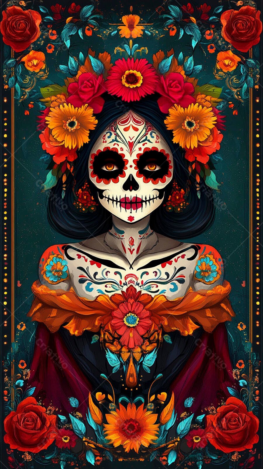 Mulher Catrina com maquiagem de caveira floral e flores vibrantes Dia dos Mortos