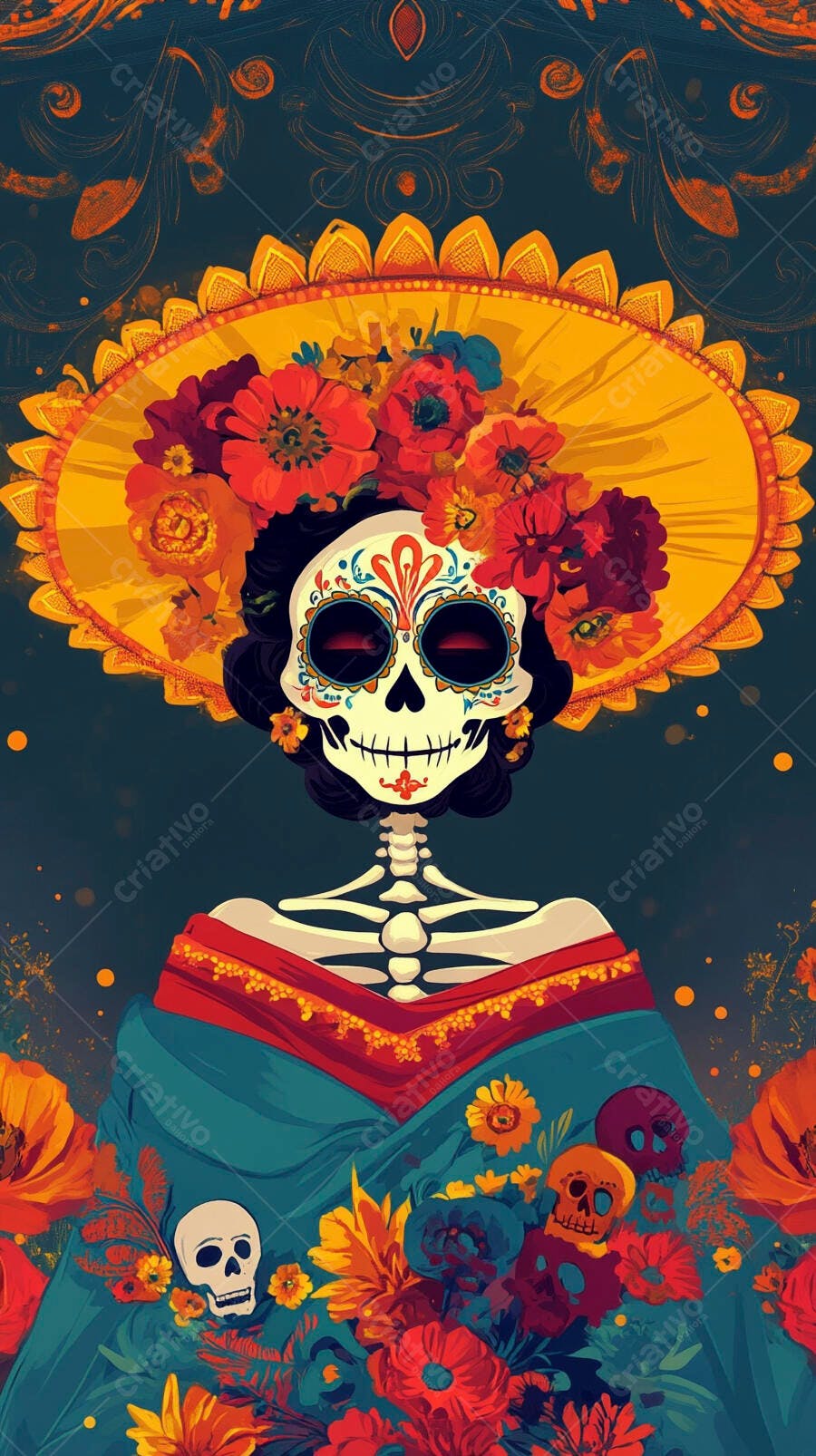 Calavera Catrina esqueleto feminino colorido com chapéu floral e flores Dia dos Mortos