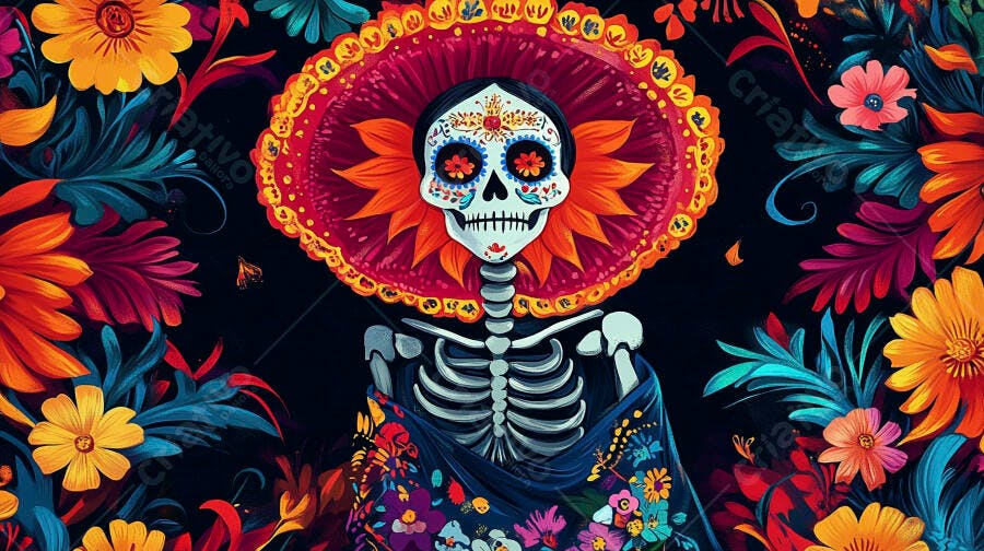 Catrina esqueleto colorido com flores vibrantes e sombrero para Dia dos Mortos