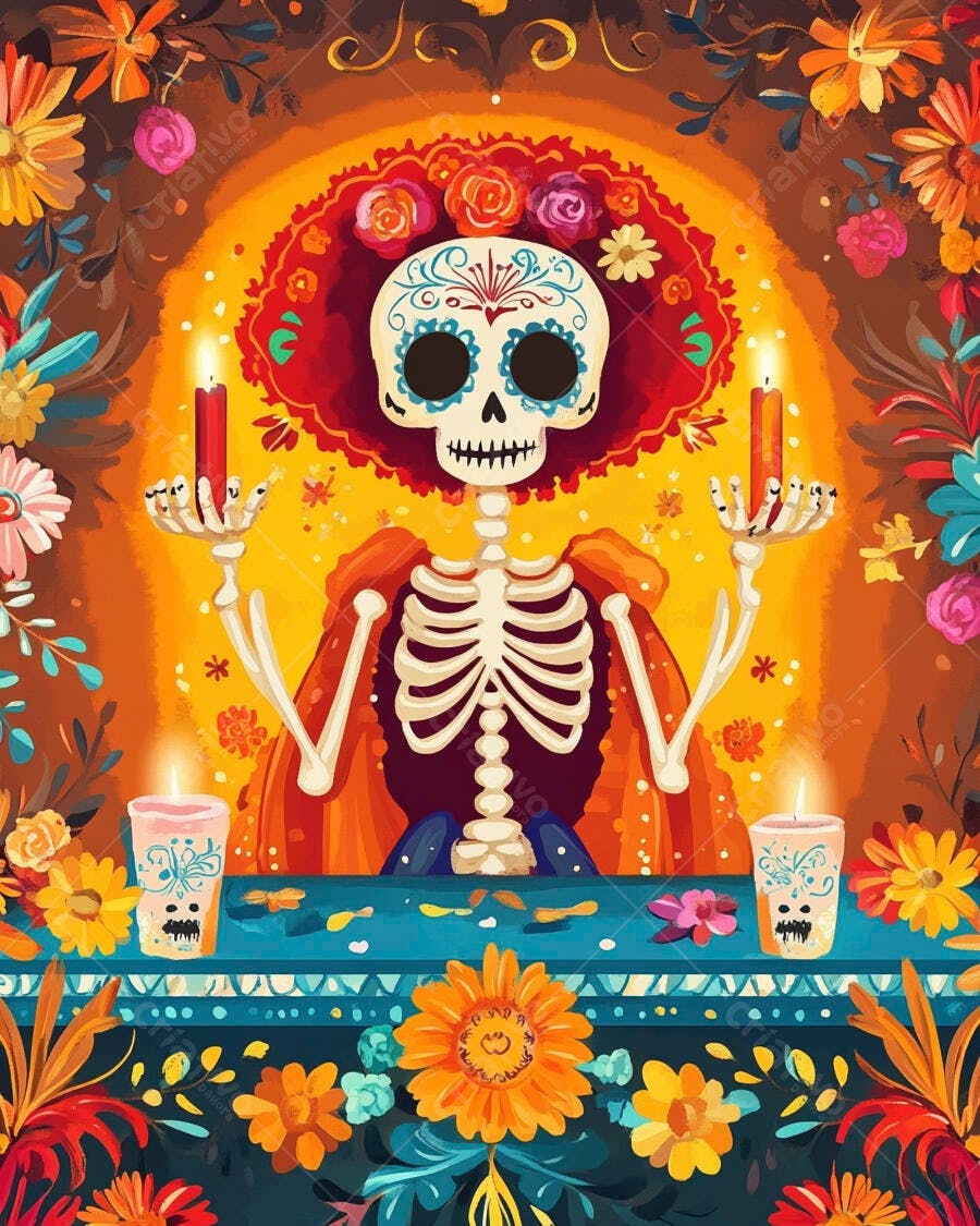 Ilustração de Catrina com coroa de flores e velas vibrantes Dia de Muertos
