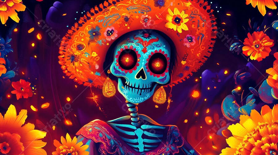 Esqueleto Catrina azul vibrante com sombrero de flores Dia dos Mortos