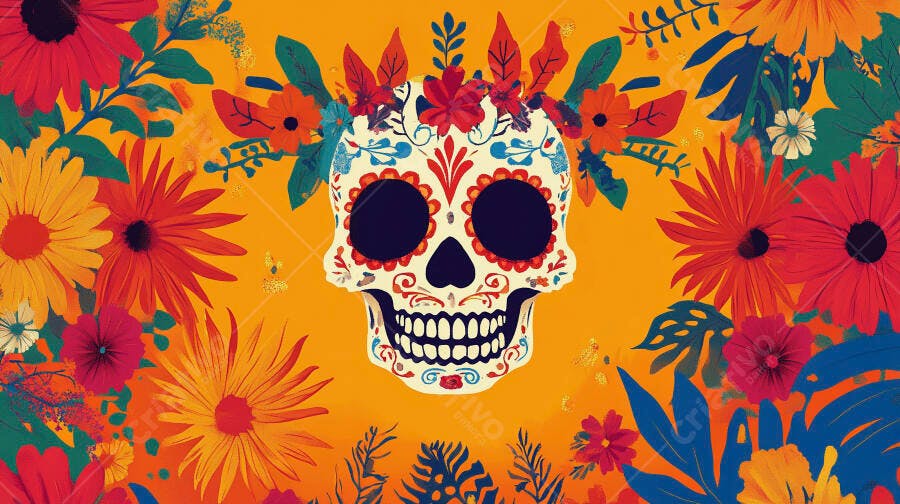 Calavera mexicana colorida com flores vibrantes e fundo laranja