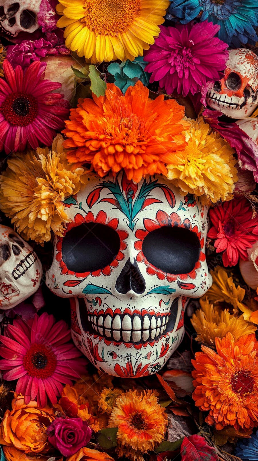 Calavera mexicana colorida com flores vibrantes para o Dia de los Muertos