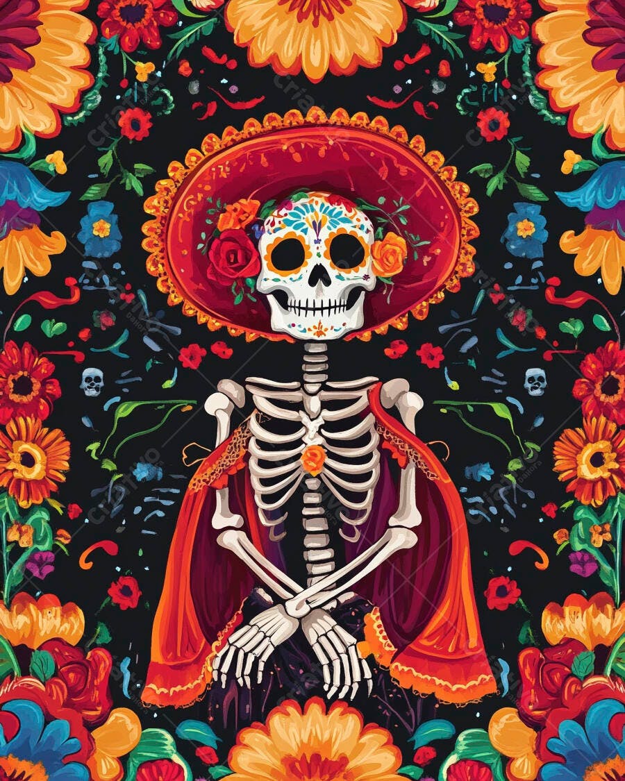 Calavera mexicana vibrante com sombrero vermelho e flores para Dia de los Muertos