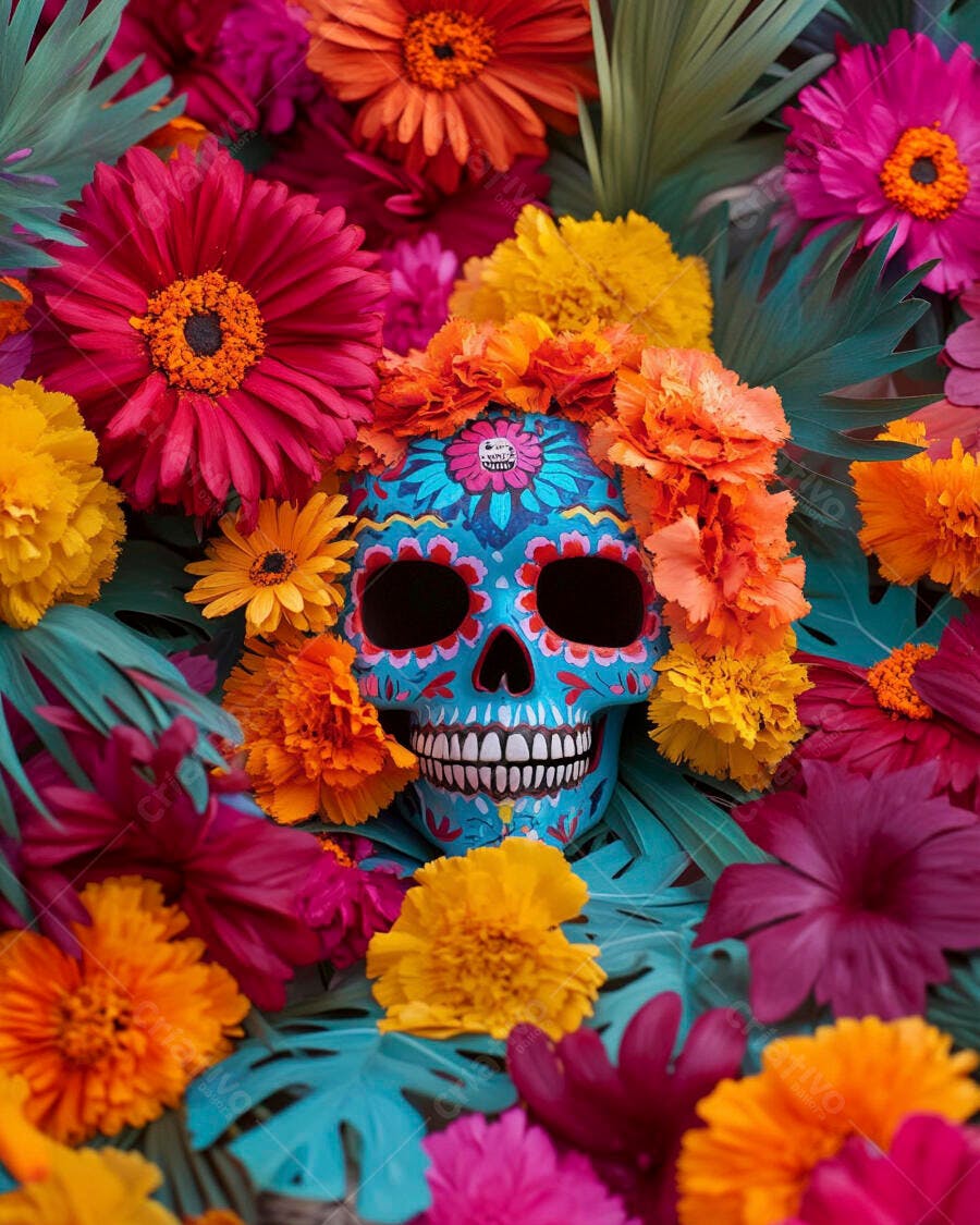 Calavera mexicana decorada com flores vibrantes para o Dia dos Mortos