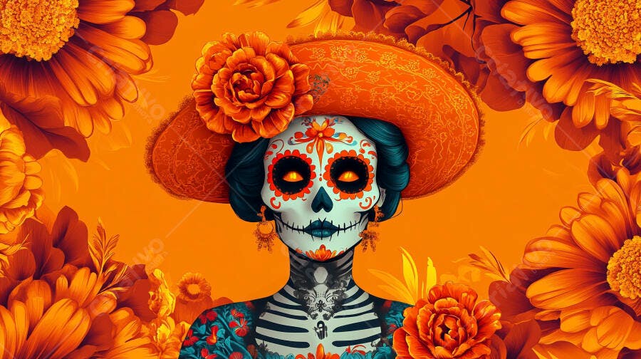 Caveira mexicana Catrina com chapéu e flores de Calêndula Dia dos Mortos