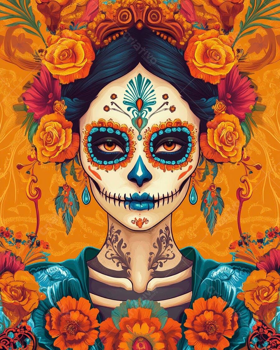 Mulher Catrina artística maquiagem Dia dos Mortos flores laranjas