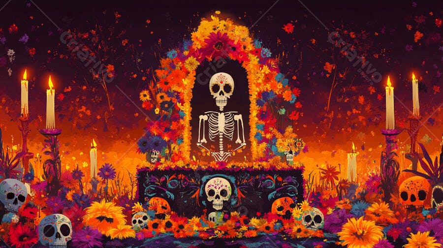 Esqueletos e Calaveras decoradas com flores coloridas e velas acesas em altar do Dia dos Mortos