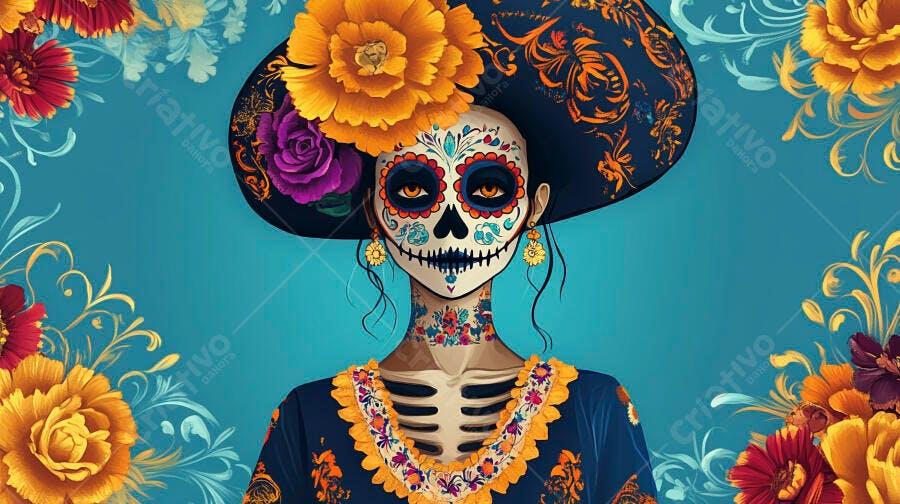Catrina mexicana com maquiagem floral e chapéu grande em fundo turquesa