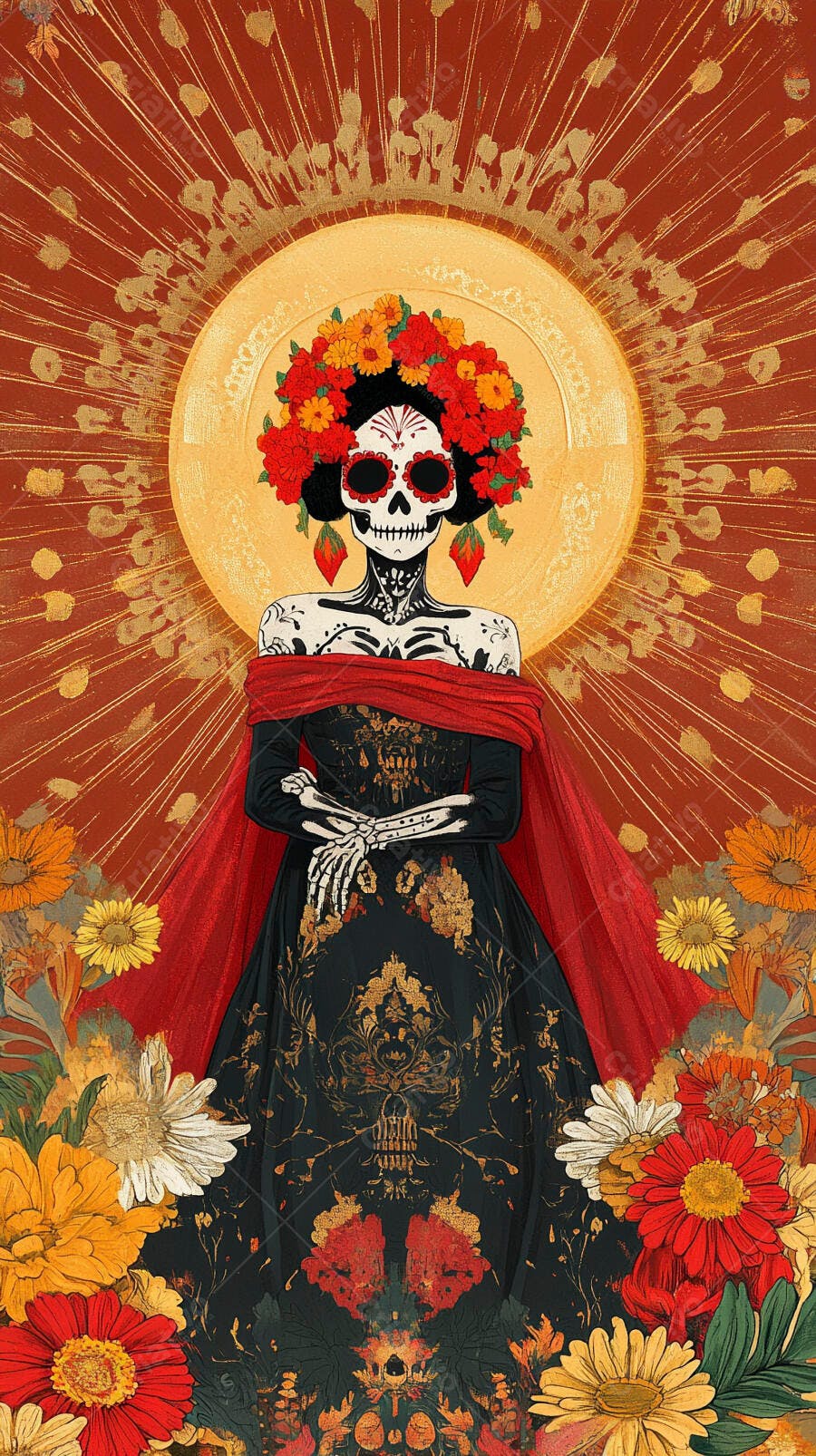 Catrina mexicana com flores coloridas e xale vermelho para Dia de Muertos