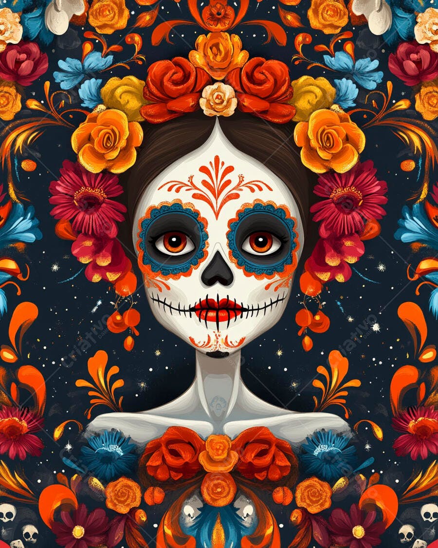 Mulher Catrina colorida com maquiagem de caveira mexicana e coroa de flores
