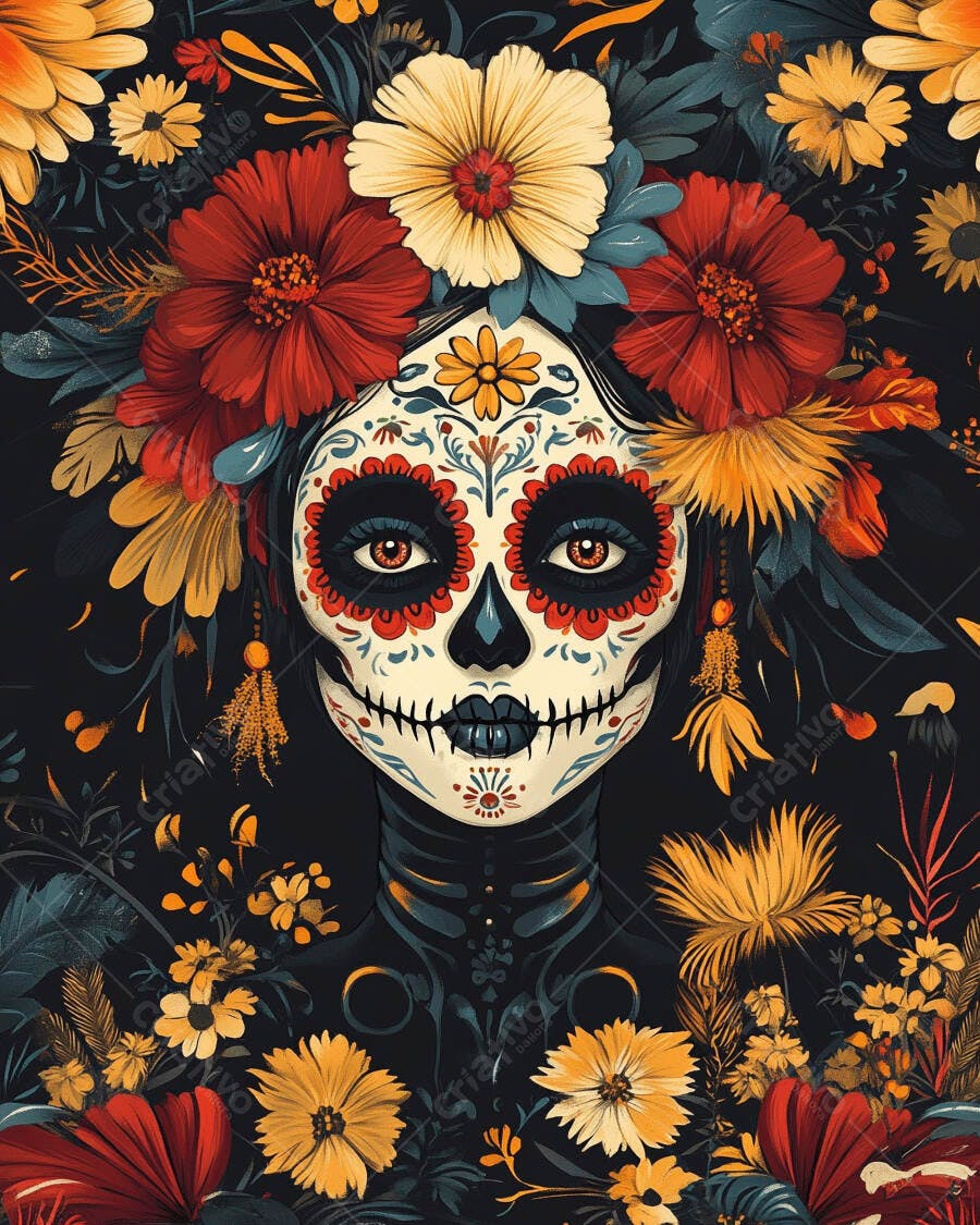 Calavera Catrina mexicana com flores vibrantes para Dia de los Muertos