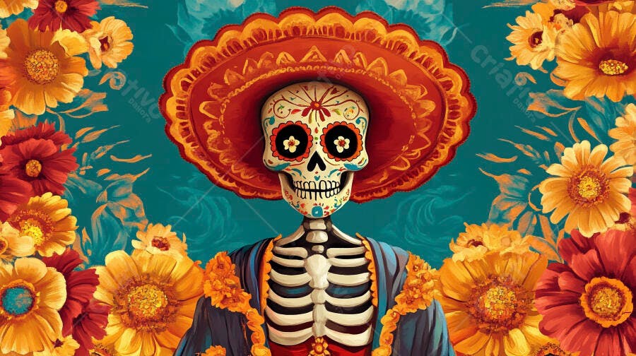 Calavera mexicana com sombrero vibrante e flores coloridas em fundo turquesa