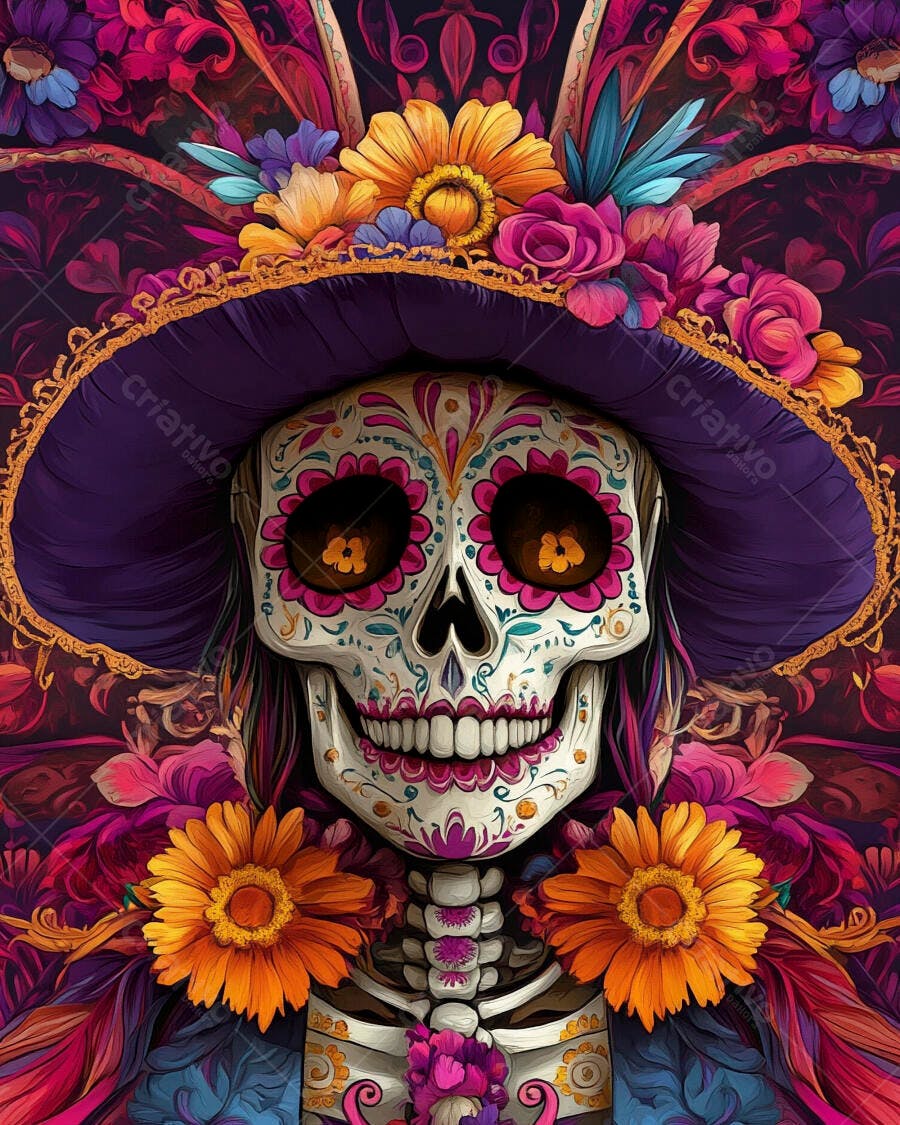 Calavera Catrina com chapéu roxo e flores vibrantes arte Dia de Muertos
