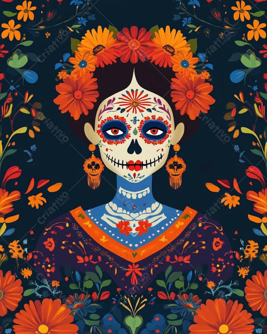 Mulher Calavera Catrina com coroa de flores e maquiagem caveira mexicana