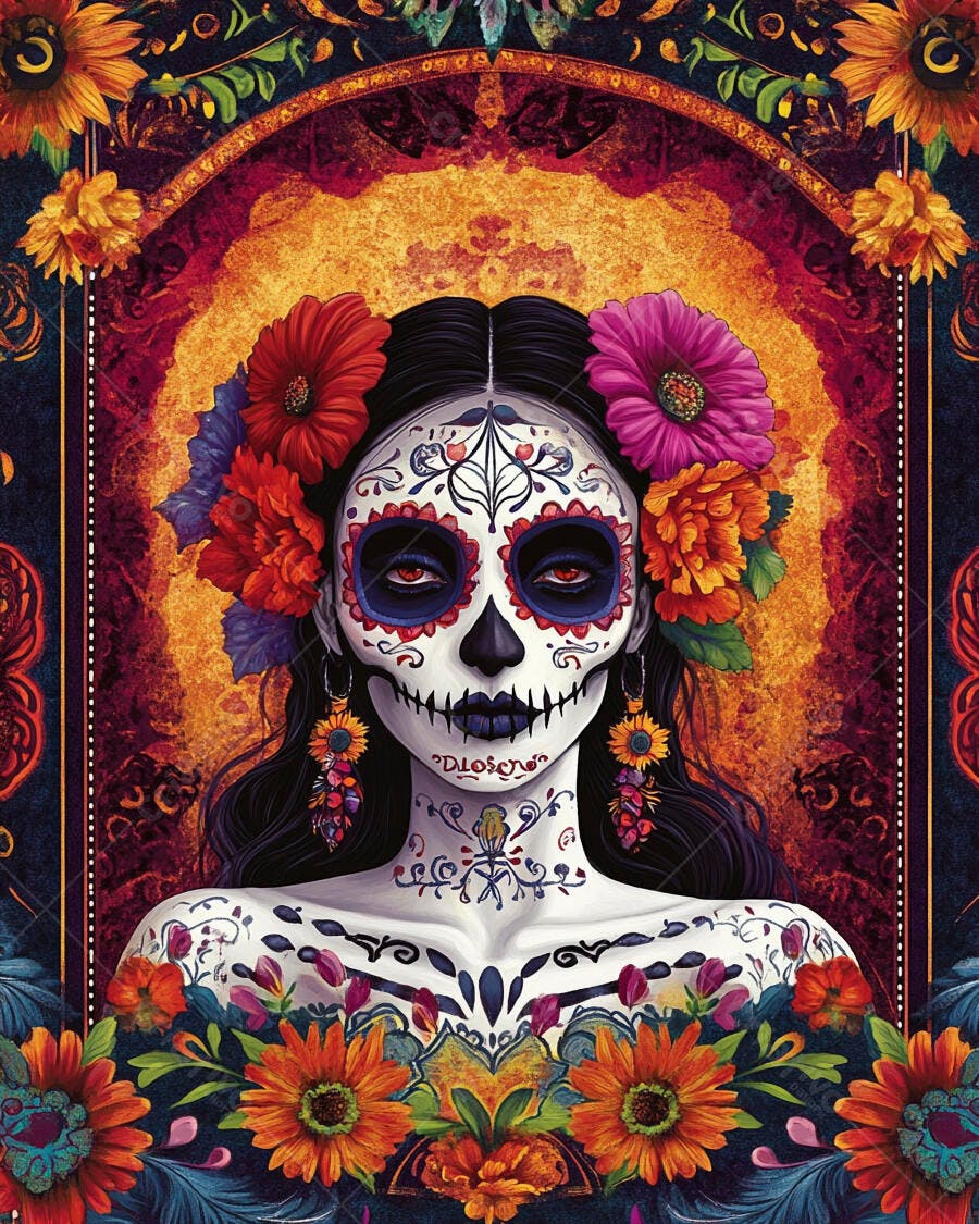 Mulher Calavera Catrina com maquiagem facial vibrante e flores coloridas