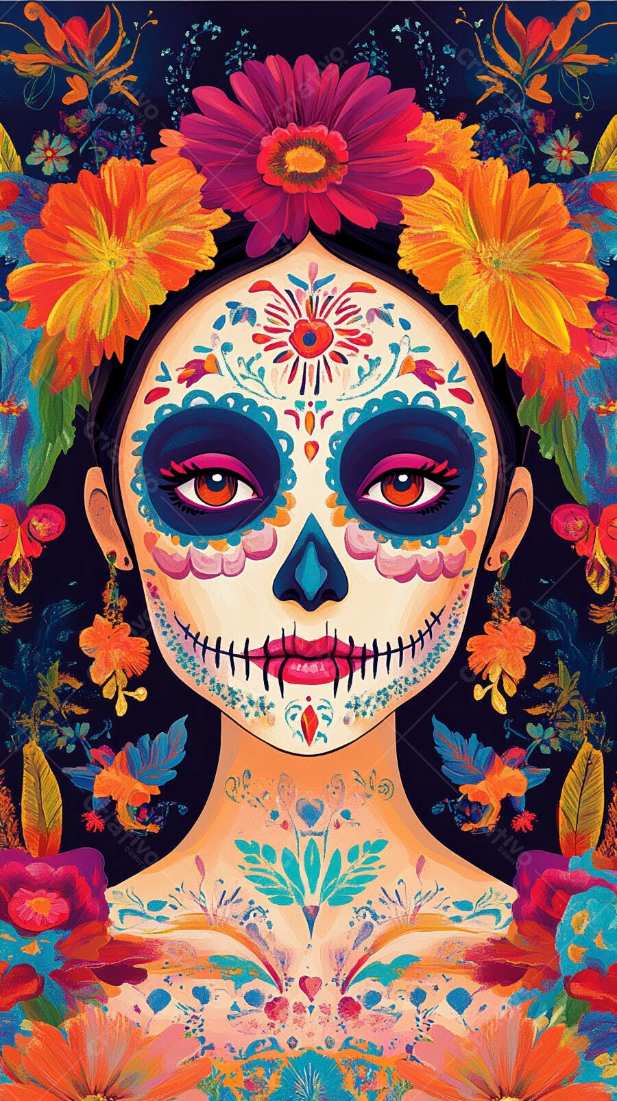 Mulher Calavera Catrina com maquiagem Dia dos Mortos e flores vibrantes